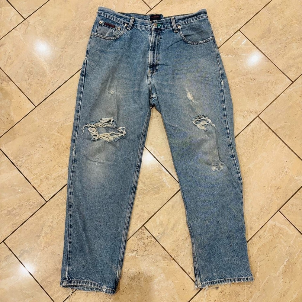 Vintage 90s Tommy Hilfiger Mens Distressed Straight Jeans Size 34x32 Blue